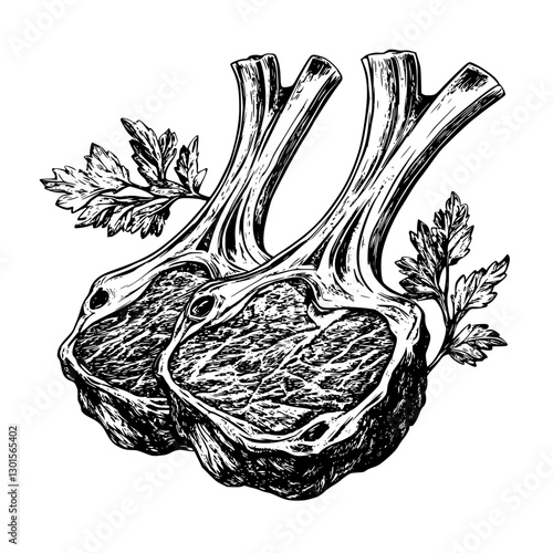 Engraved illustration of two rack of lamb chops with fresh herbs in a detailed vector design