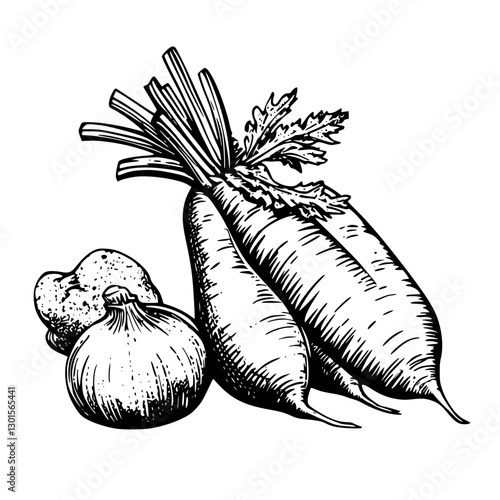 Freshly harvested vegetables including carrots, onions, and potatoes illustrated in detailed engravings