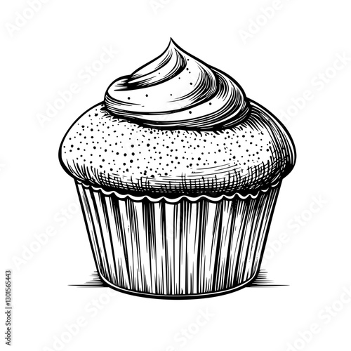 Engraved Illustration of a Classic Cupcake with Swirled Frosting and Sprinkles