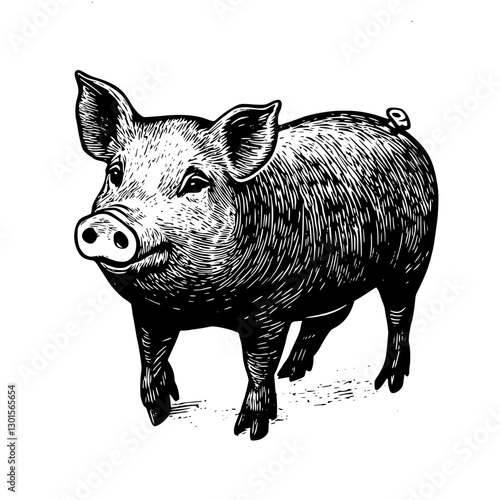 Engraved illustration of a walking pig in a rustic style highlighting farm life and country charm