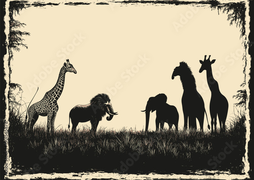 Silhouette of African Wildlife Including Giraffe, Elephant, Warthog, and Tree Backdrop in Vintage Safari Style Art with Grassland Scene at Sunset