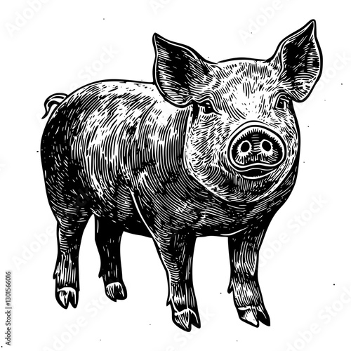 Engraved illustration of a pig standing in a rural setting with detailed lines and shading, showcasing farm life