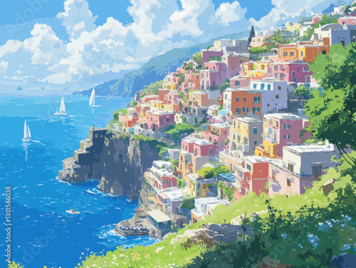 Stunning Amalfi Coast painting with vibrant cliffside architecture, colorful houses, sailboats on blue sea, lush greenery under a bright sunny sky