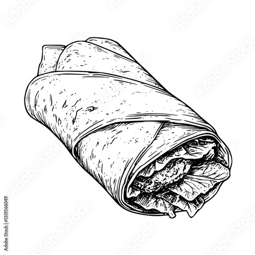 Hand-drawn illustration of a wrapped burrito with fresh ingredients and detailed texture rendering in vector format