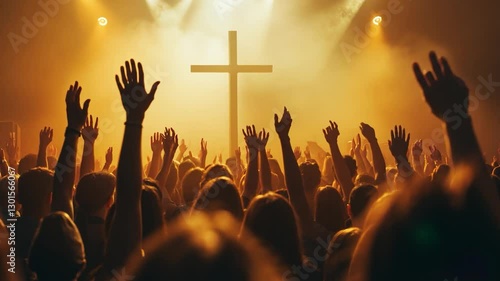 Worshiping crowd raises hands, cross in spotlight