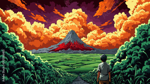 Dramatic Animation of Red-Lava Volcano Under Fiery Sky Viewed by Person in Green Landscape; Vivid Clouds, Lush Vegetation; Artistic Nature Scene