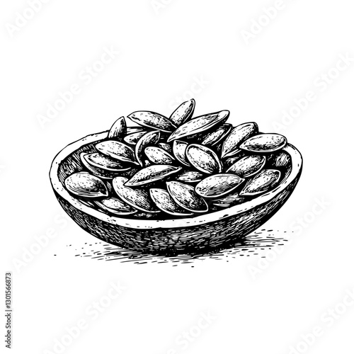 Engraved illustration of a bowl filled with pumpkin seeds in a detailed vector design