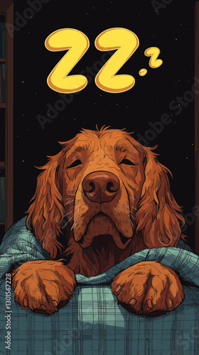 Adorable Sleeping Dog Art: Cute Cartoon Canine Tucked in Bed, Dreaming with ZZs, Cozy Nighttime Illustration for Pet Lovers and Bedroom Decor Enthusiasts