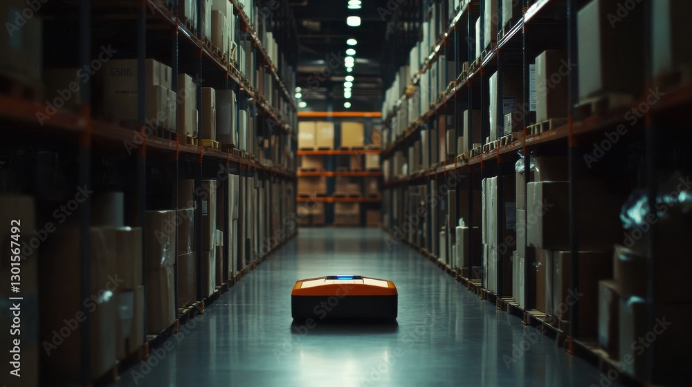 Autonomous Robot on Warehouse Floor Among Stacked Cardboard Boxes Autonomous Robot on Warehouse Floor Among Stacked Cardboard Boxes