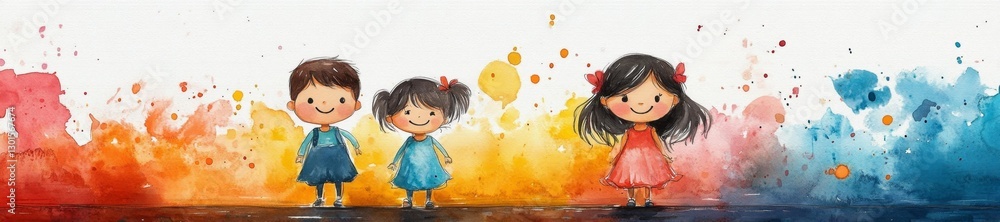 A group of three children smiling in front of a vibrant watercolor background. Generative AI A group of three children smiling in front of a vibrant watercolor background. Generative AI