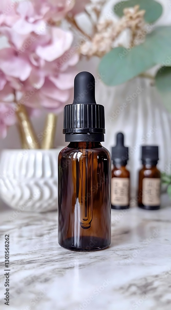 Elegant Brown Glass Dropper Bottle with Black Cap and Floral Background Elegant Brown Glass Dropper Bottle with Black Cap and Floral Background