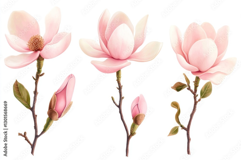 Fototapeta premium Four pink magnolia blossoms and buds on branches.