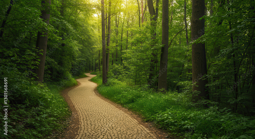Fototapeta premium Forest Pathway Through Lush Greenery with Sunlight Filtering Through Trees