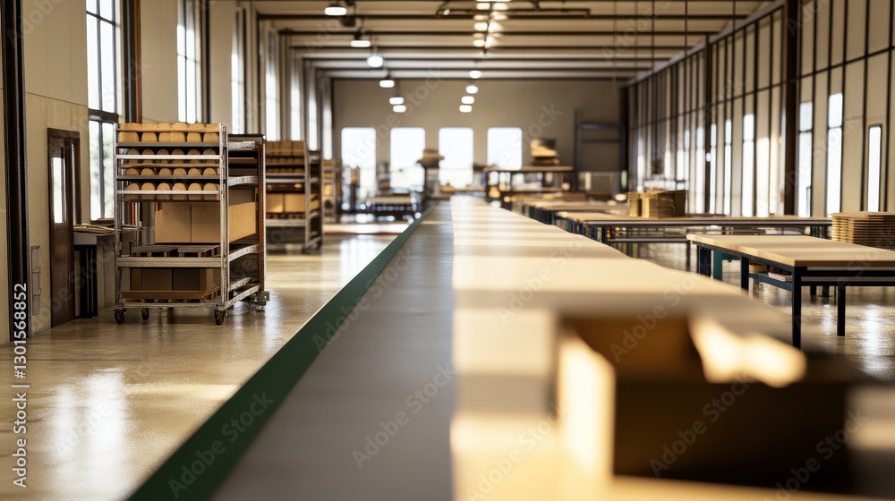Fototapeta premium Bright and Spacious Warehouse Interior with Workstations and Shelving