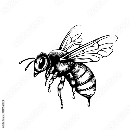 Engraved illustration of a bee with intricate details and dripping honey