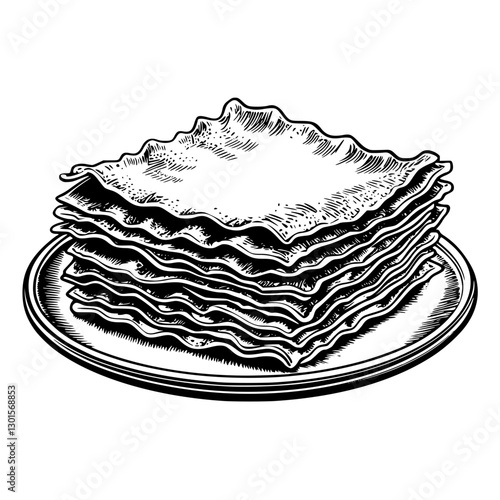Engraved illustration of layered lasagna on a plate showcasing traditional Italian cuisine