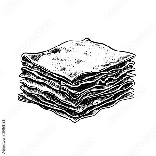 Layered lasagna illustration showcasing pasta sheets, cheese, and sauce in a detailed engraving style suitable for culinary design