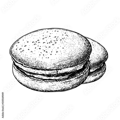 Engraved illustration of two macarons on a white background highlighting delicate pastry details and textures