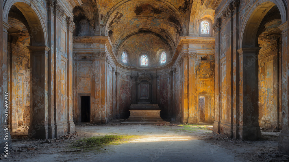 A grand, abandoned ancient church with high arches and faded walls stands in silence, illuminated by soft natural light. A grand, abandoned ancient church with high arches and faded walls stands in silence, illuminated by soft natural light.