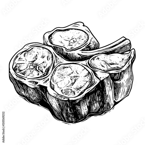 Engraved vector illustration depicting a detailed representation of a traditional bone marrow dish on a rustic wooden surface