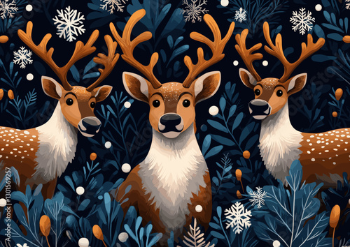 Majestic Reindeer Trio in Snowy Forest Illustration with Snowflakes and Blue Foliage - Enchanting Winter Wildlife Art for Holiday Decor and Nature Enthusiasts