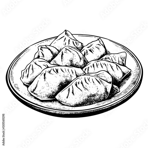 Deliciously prepared dumplings on a wooden plate in an engraved vector illustration
