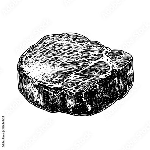 Engraved illustration of a fresh cut of meat on a white background, showcasing details of texture and shape for culinary art