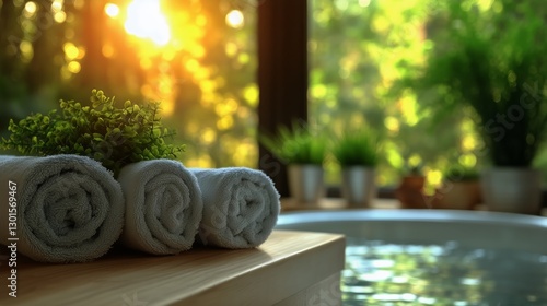 Relaxing Spa Setting With Rolled Towels and Candles During Sunset