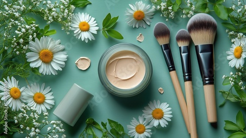 Makeup Brushes and Green Cosmetics Arranged With Foliage on a Turquoise Backg...