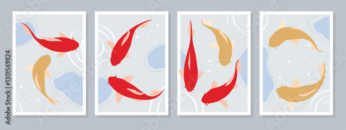 Set red and gold koi carps fish art for wall, auspicious image belief for home, minimal vector design, line shape for print cover and wallpaper.