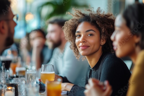 Young Woman Enjoys Cafe Atmosphere While Socializing With Friends in a Modern...