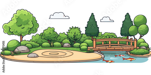 Serene Japanese Garden with Wooden Bridge, Koi Fish Pond, Lush Greenery and Zen Landscape - Perfect Tranquil Escape for Nature Enthusiasts and Photographers