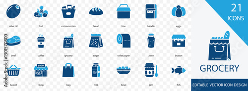 Grocery solid icon set. containing juice, coffee, fish, consumerism, flat, groceries, and more  vector collection