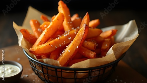 Crispy Sweet Potato Fries in a Basket with Dipping Sauce.