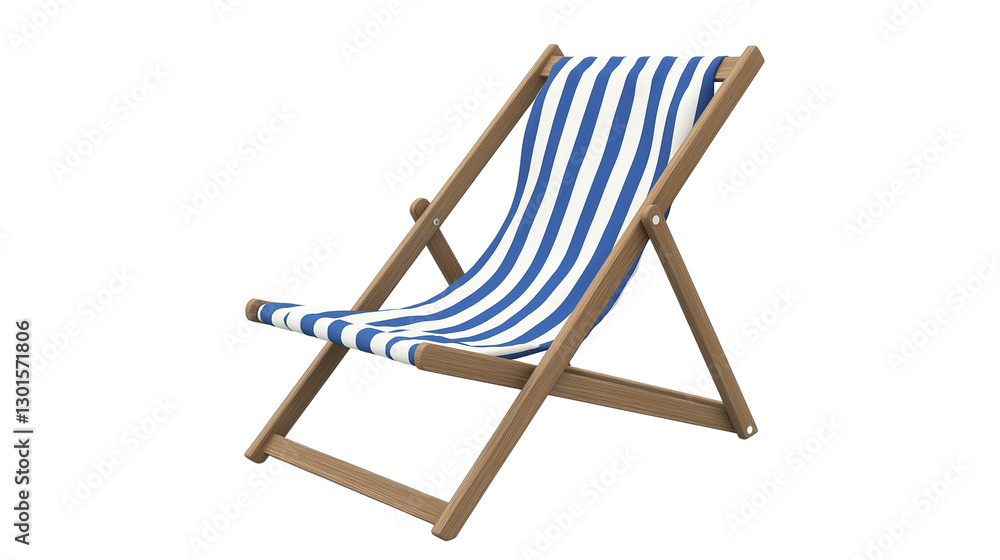 Classic wooden beach chair with blue and white stripes, summer relaxation, isolated on white background, PNG format Classic wooden beach chair with blue and white stripes, summer relaxation, isolated on white background, PNG format
