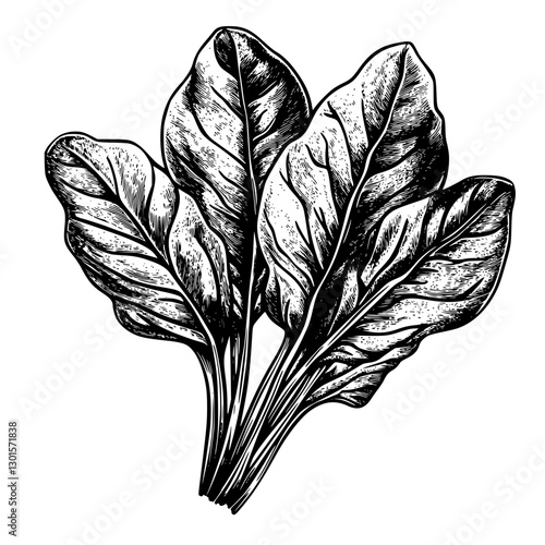 Freshly picked spinach leaves intricately illustrated in detailed line art style for culinary and artistic use