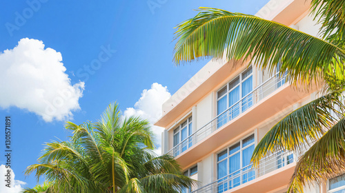 distinctive Collins Avenue art deco hotel with azure blue and shell pink horizontal banding photo