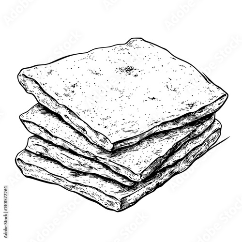 Detailed engraved illustration of three stacked flatbreads displayed on a plain surface