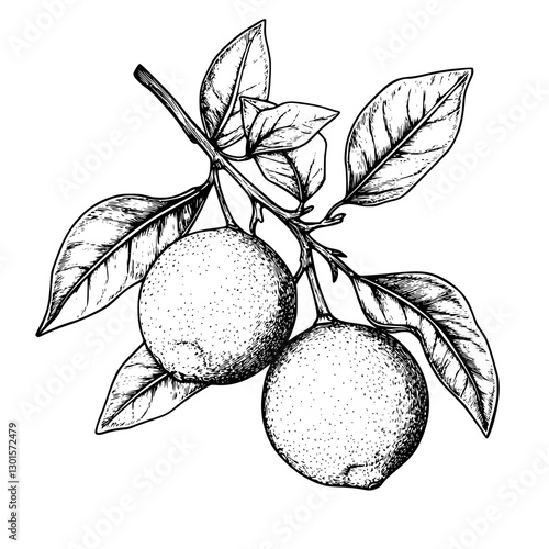 Engraved illustration of two oranges on a branch with leaves showcasing intricate details