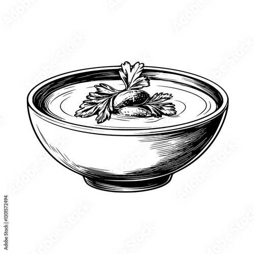 Hand-engraved vector illustration of a bowl of soup garnished with fresh herbs