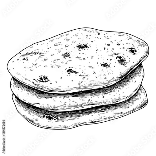 Engraved illustration of stacked flatbreads resting on a surface, showcasing traditional baking techniques