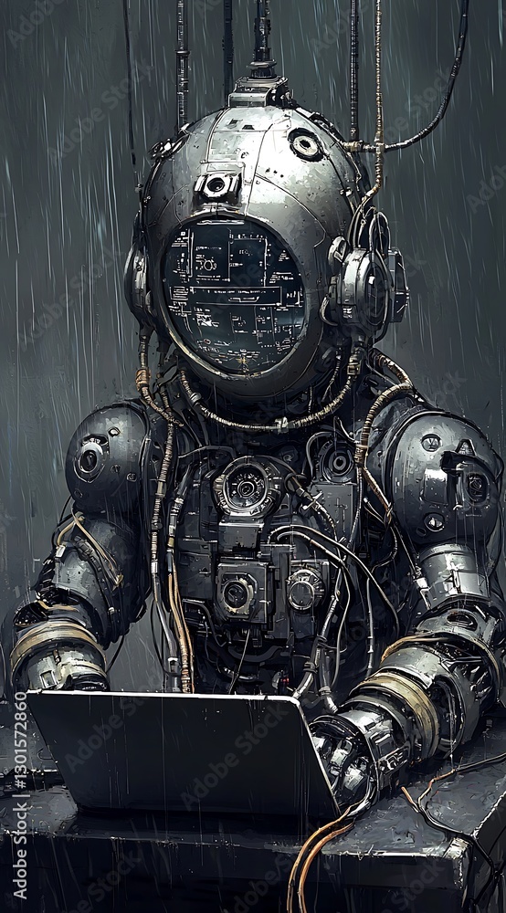 Fototapeta premium Futuristic Robot Working on Laptop in Rainy Industrial Setting