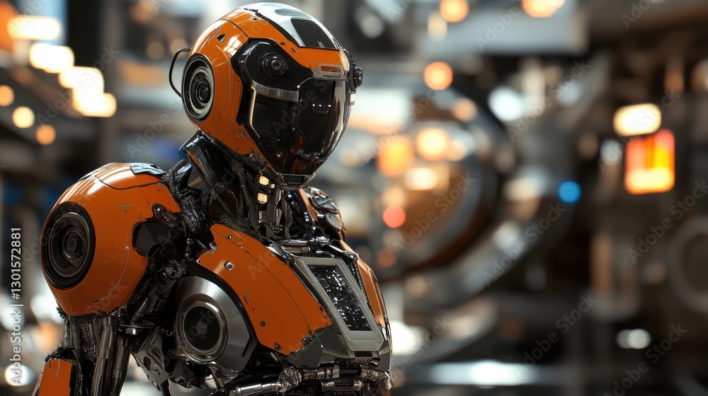 Futuristic Robot with Orange Accents in a High-Tech Environment Futuristic Robot with Orange Accents in a High-Tech Environment