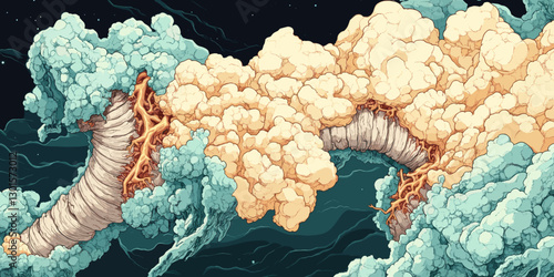 Surreal Space Forest with Intertwined Tree Trunks, Cotton Candy Clouds, and Starry Night Sky Illustrates Whimsical Nature, Fantasy Art, and Dreamlike Atmosphere