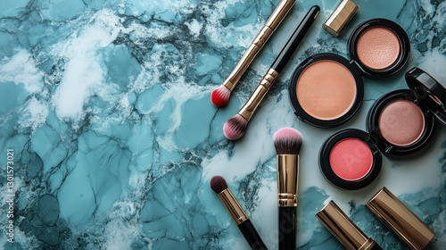 Makeup Brushes and Cosmetics Arranged on a Teal Marble Surface During Daylight