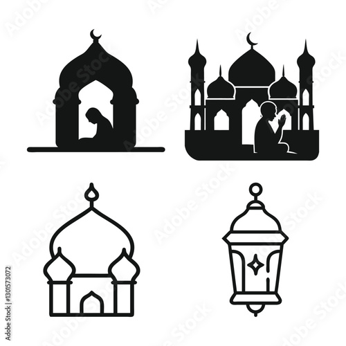 Islamic Icons Mosques, Crescent Moons, Lanterns, and Praying Hands