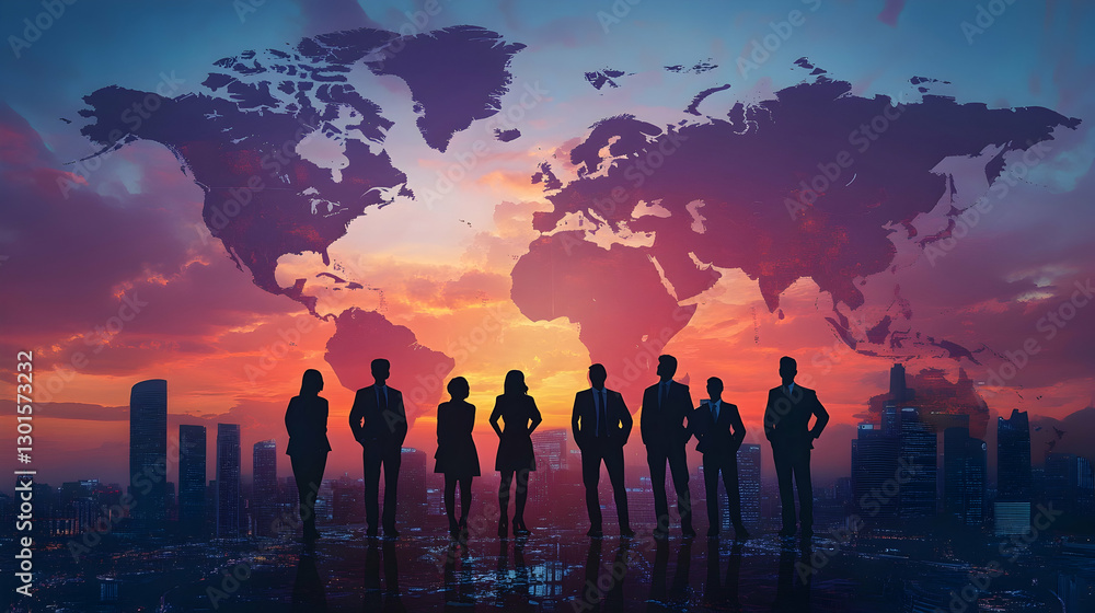 Business professionals silhouetted against a city skyline and global map at sunset, representing worldwide success and growth Business professionals silhouetted against a city skyline and global map at sunset, representing worldwide success and growth