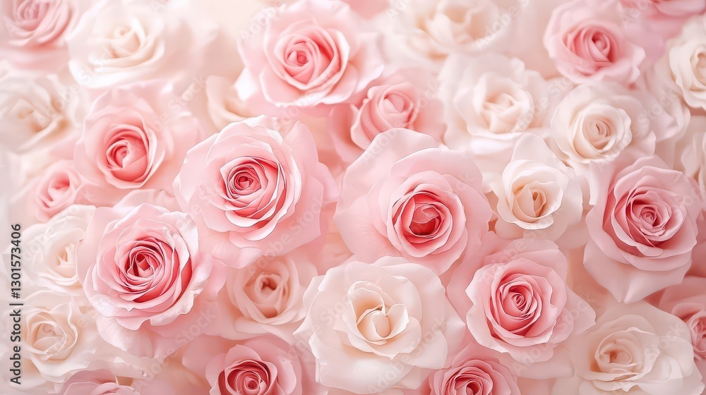 Fototapeta premium Delicate pink rose flowers in soft blurred focus. Toned pastel background for Valentine's Day and wedding card.