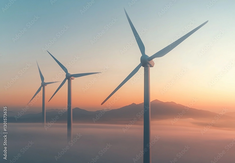 Fototapeta premium A breathtaking image of towering wind turbines standing above a sea of mist at sunrise, symbolizing the future of renewable energy and environmental sustainability