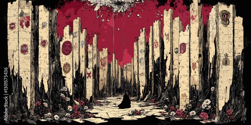 Gothic Landscape with Tall Stone Pillars and Black Cloaked Figure in Mystical Forest Pathway, Crimson Sky, Red Roses, Dark Fantasy Art, Unique Symbolic Elements